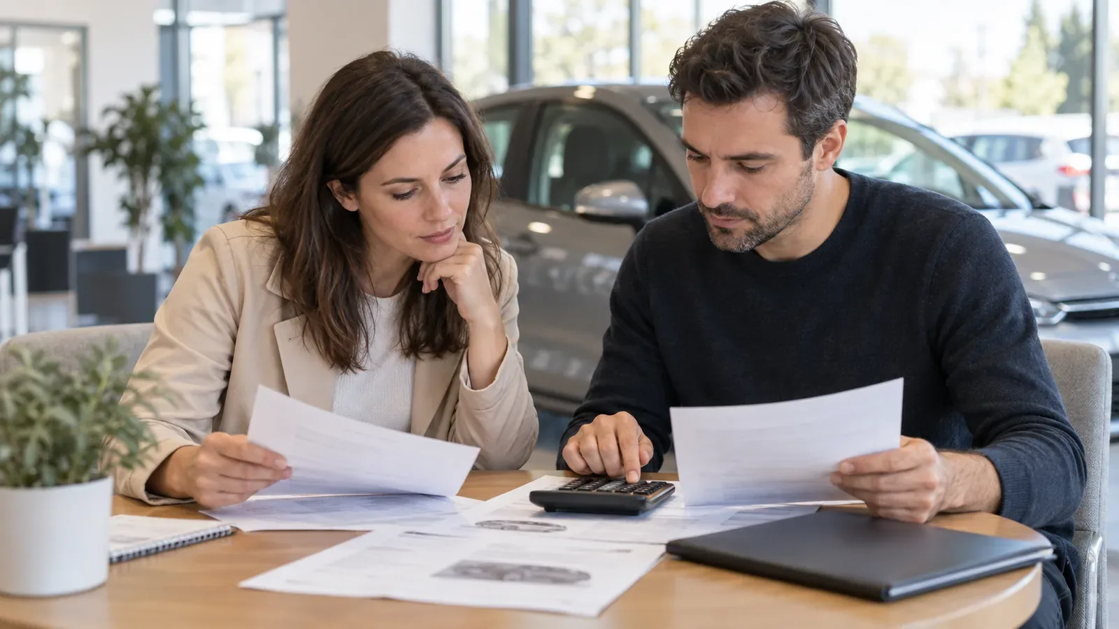 Couple comparant des devis automobiles avec une calculatrice