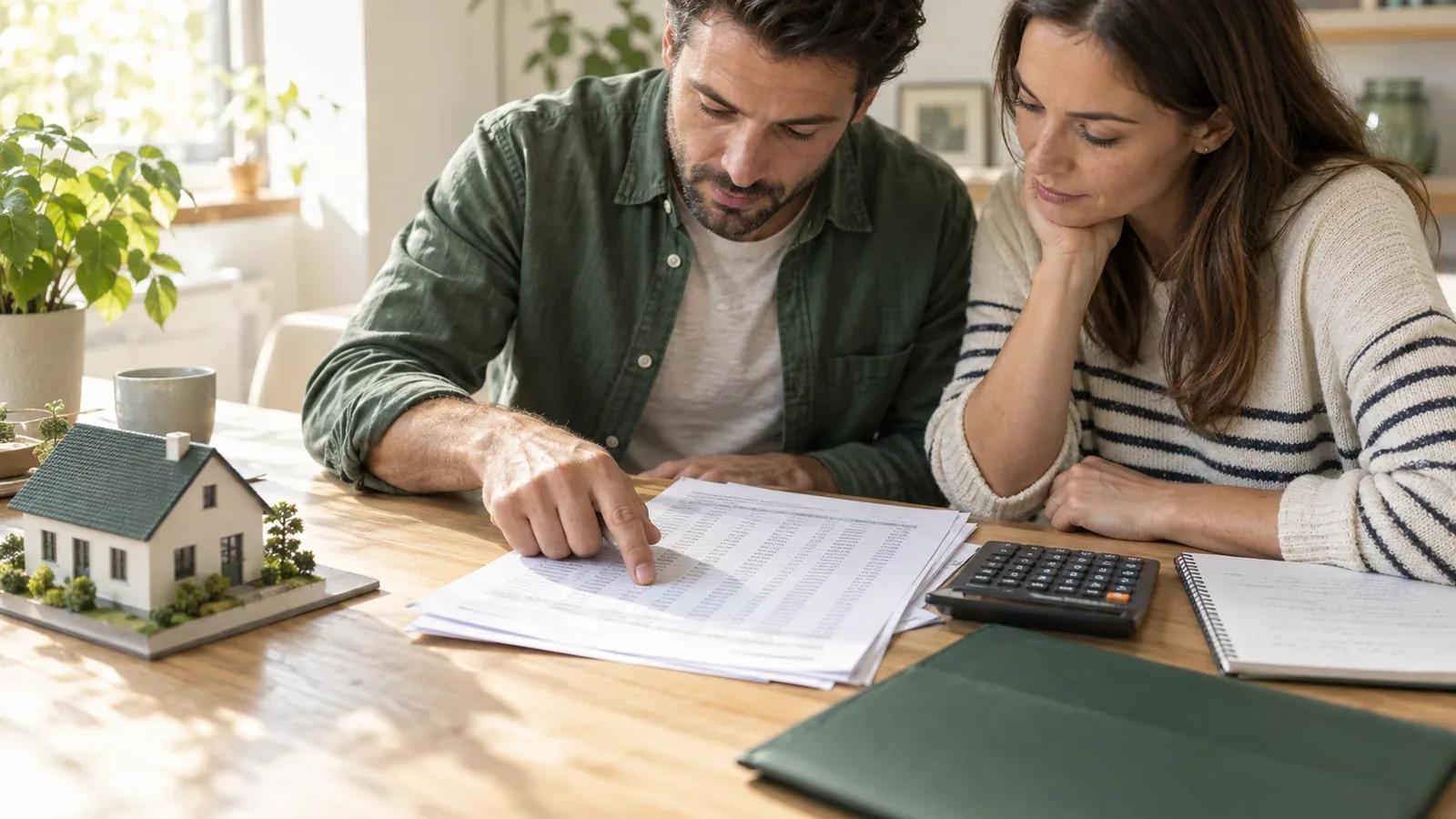 Deux adultes vérifiant un échéancier de prêt près d’une calculatrice et d’une maison miniature