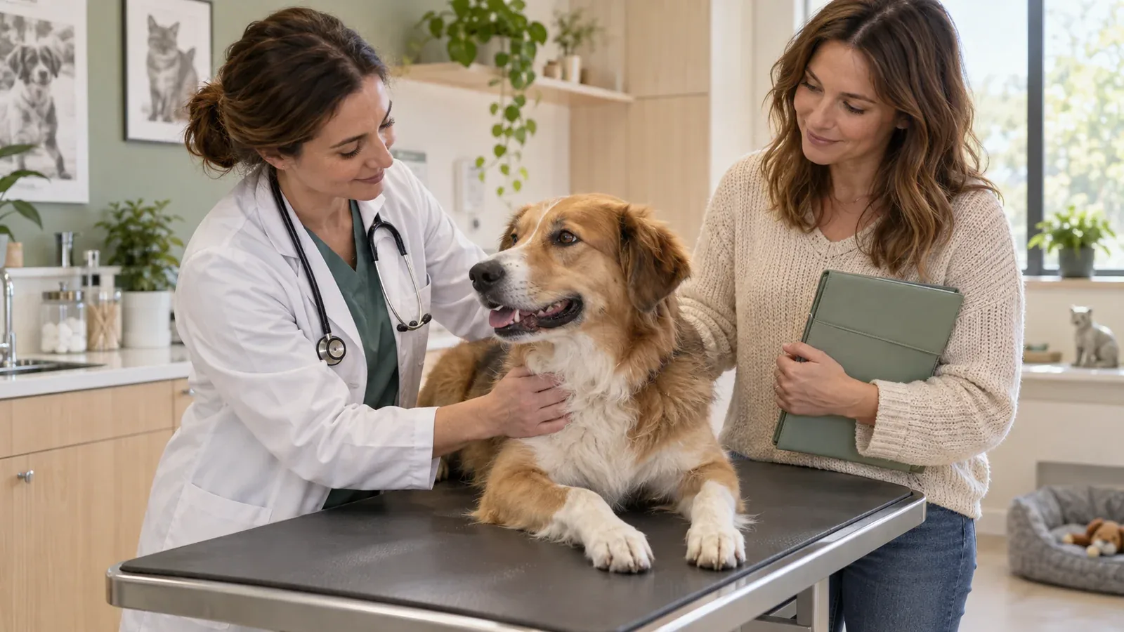 Une vétérinaire examine un chien calme en présence de sa propriétaire