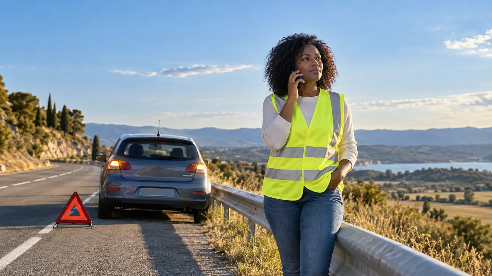 Conductrice appelant l’assistance après une panne automobile