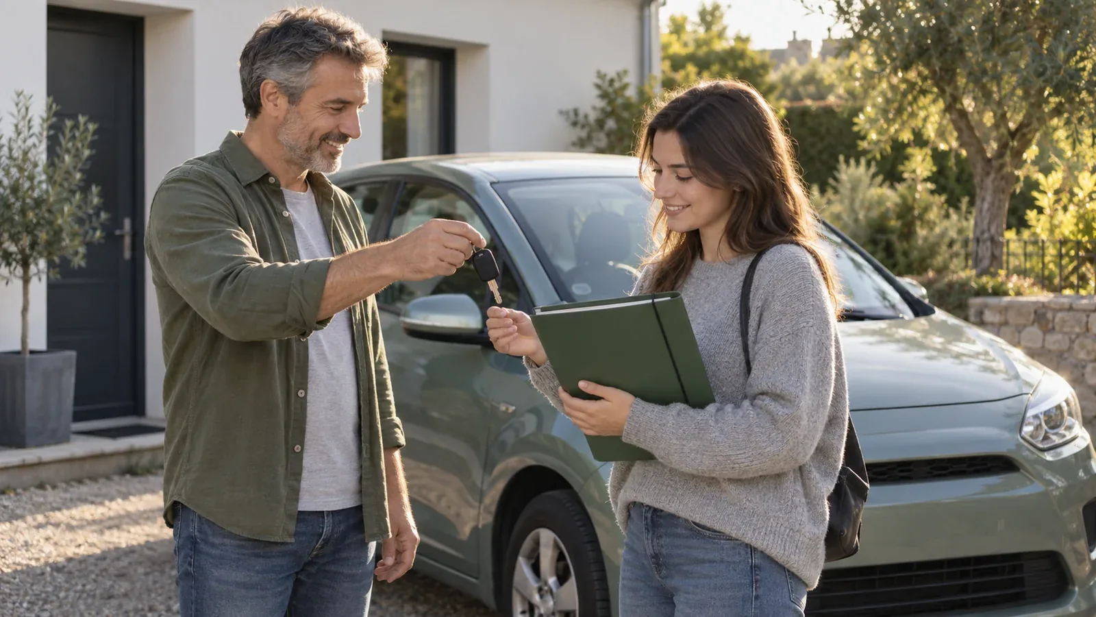 Deux adultes échangent une clé près d’une voiture stationnée