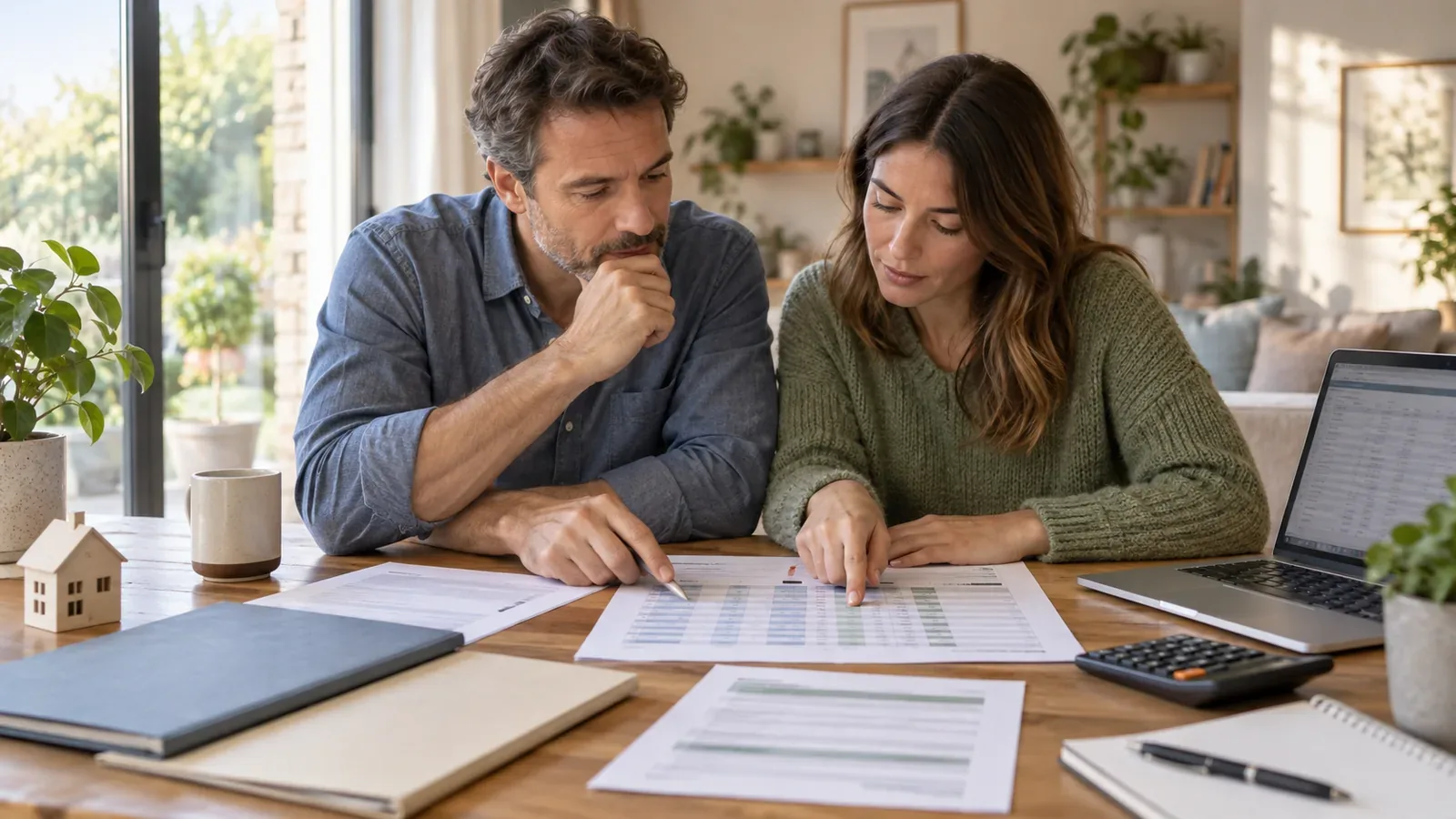 Couple comparant garanties, exclusions et quotités d’une assurance emprunteur