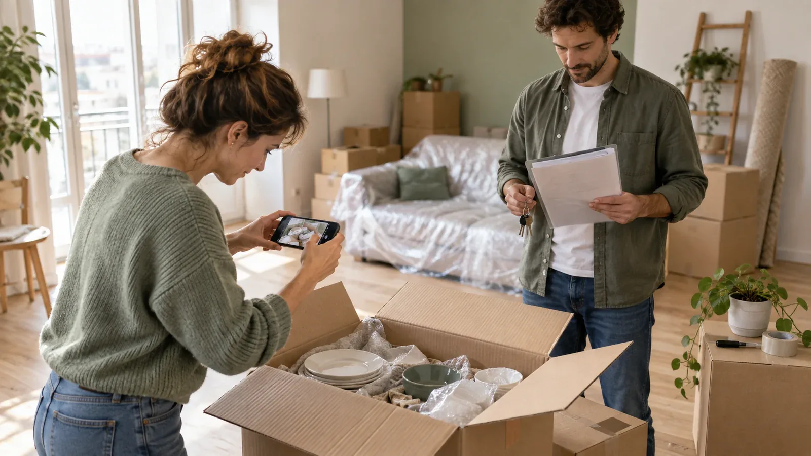 Un couple prépare ses cartons et photographie des biens dans son nouveau logement