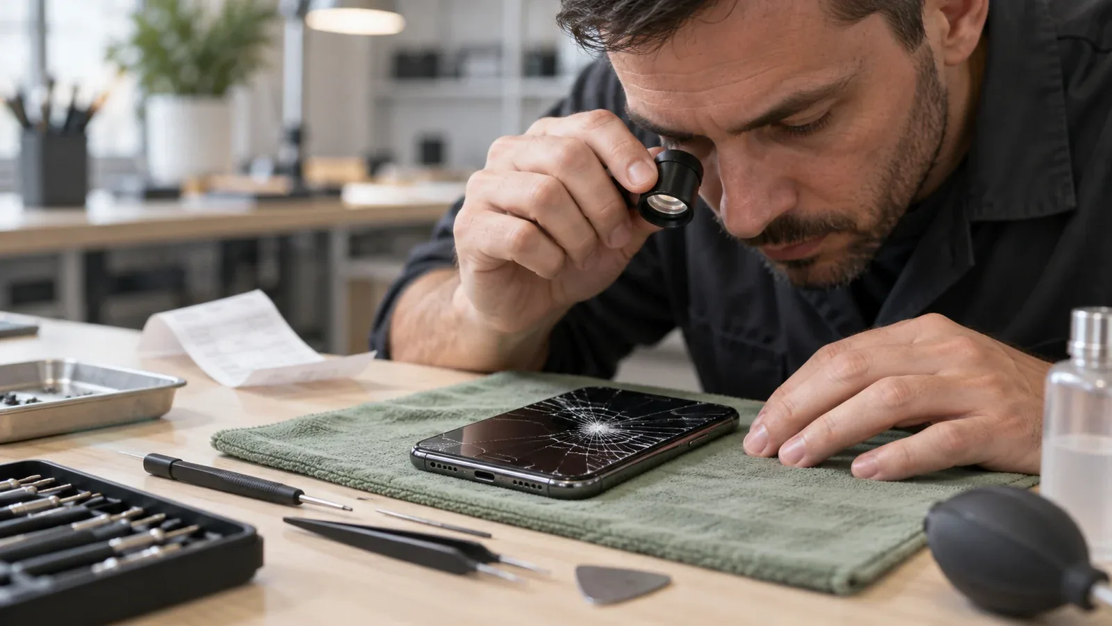 Un technicien examine un smartphone à l’écran fissuré