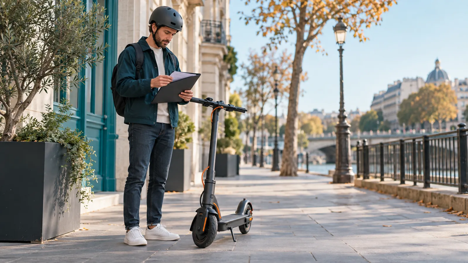 Conducteur casqué vérifiant son assurance de trottinette électrique