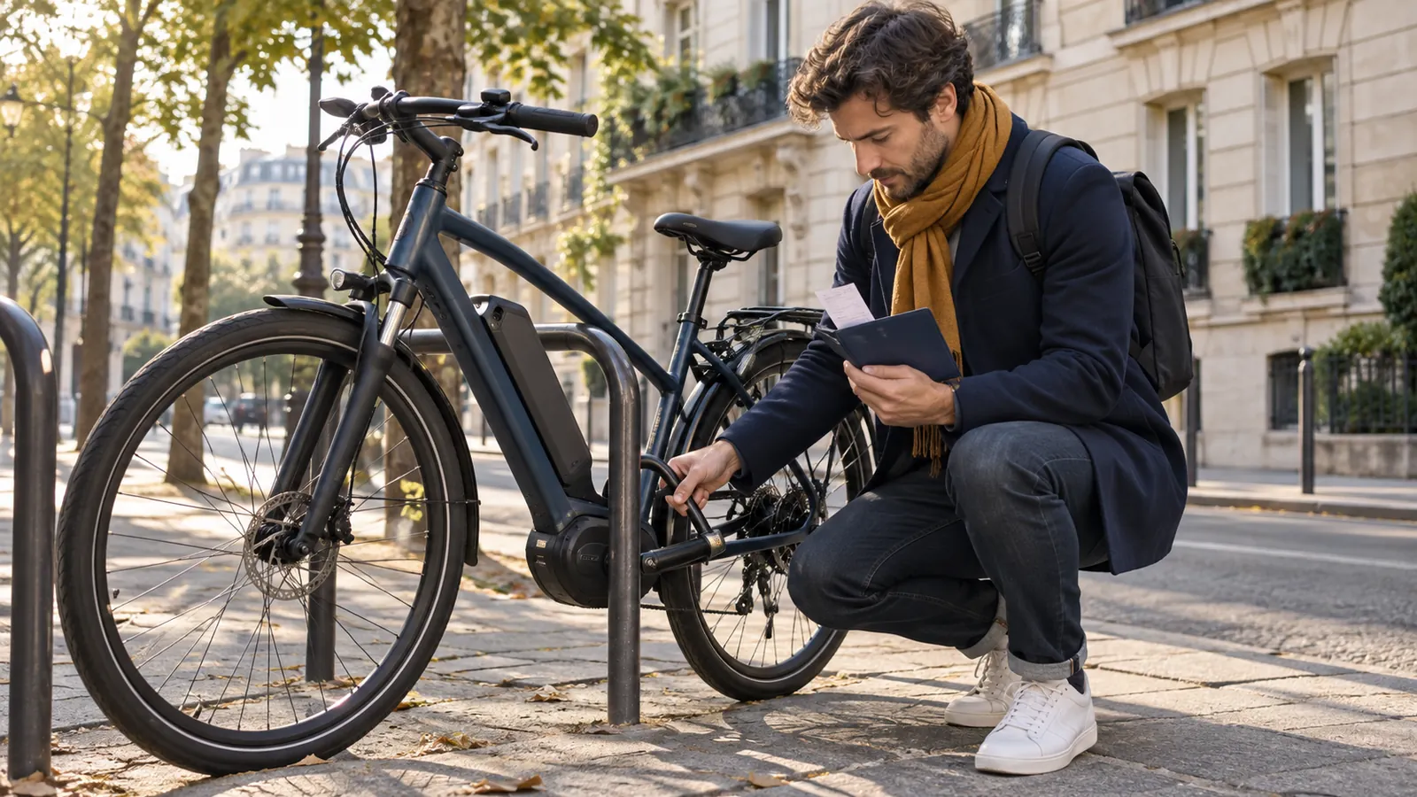 Cycliste sécurisant son vélo électrique et vérifiant son assurance