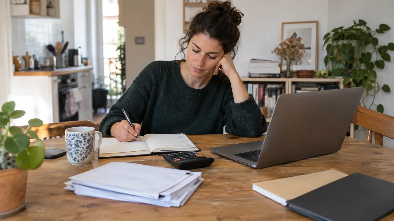 Indépendante préparant son budget avec un carnet, des factures et une calculatrice