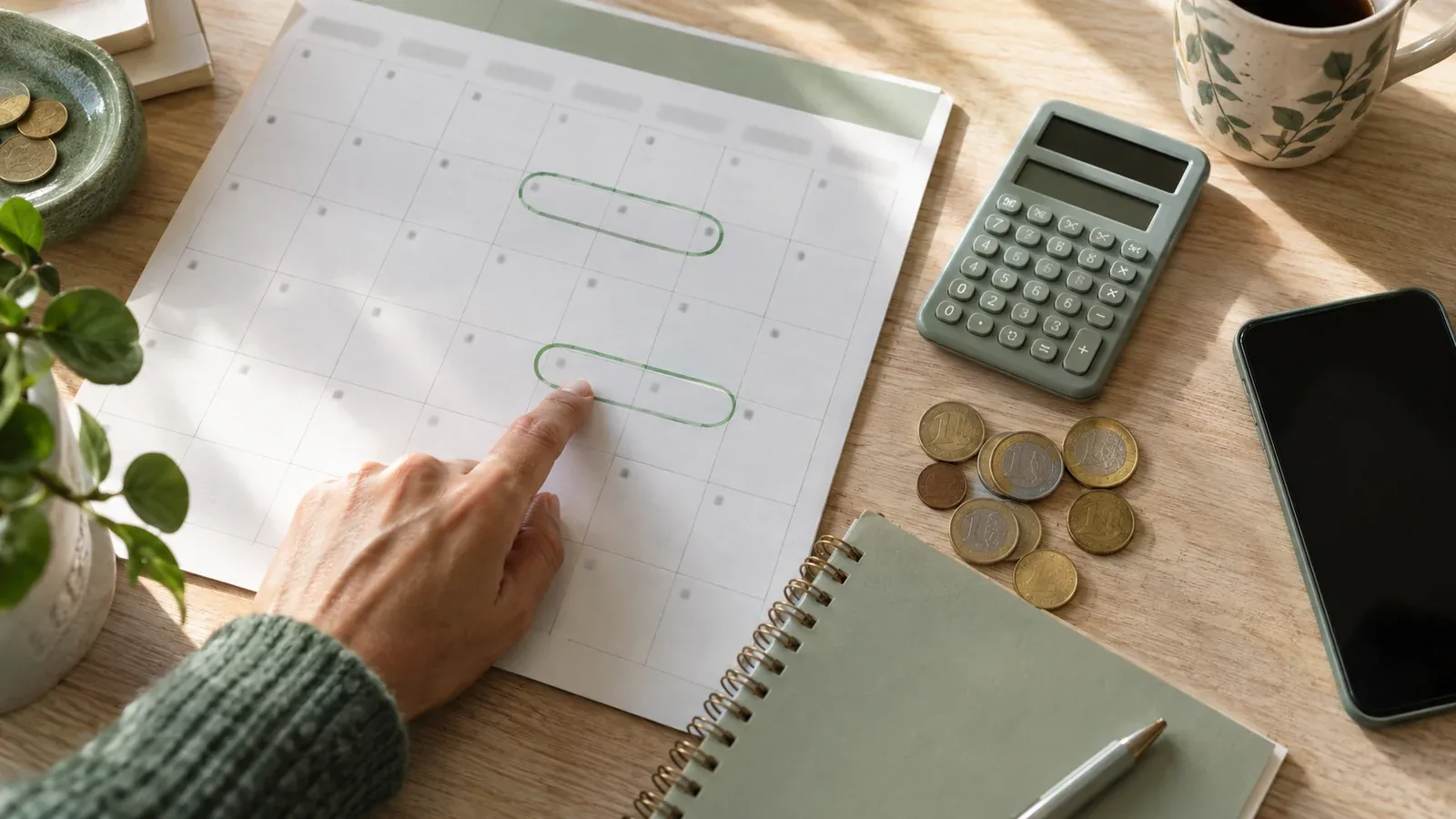 Une main pointe un calendrier près d’un carnet et d’une calculatrice