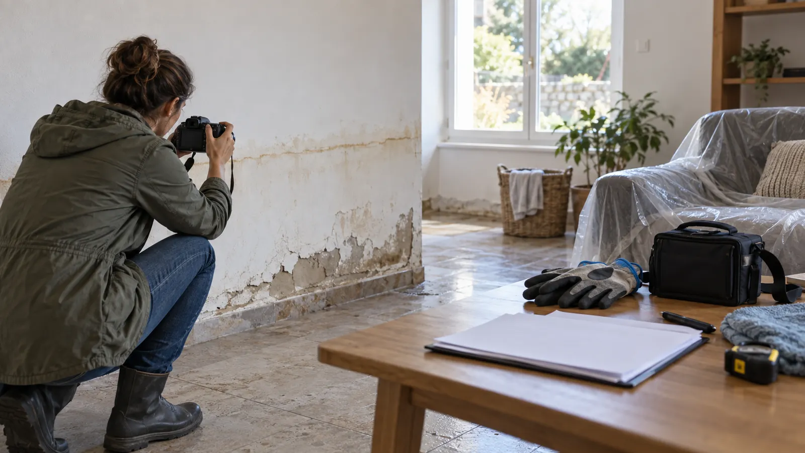 Assurée photographiant les dégâts d’une inondation dans son logement
