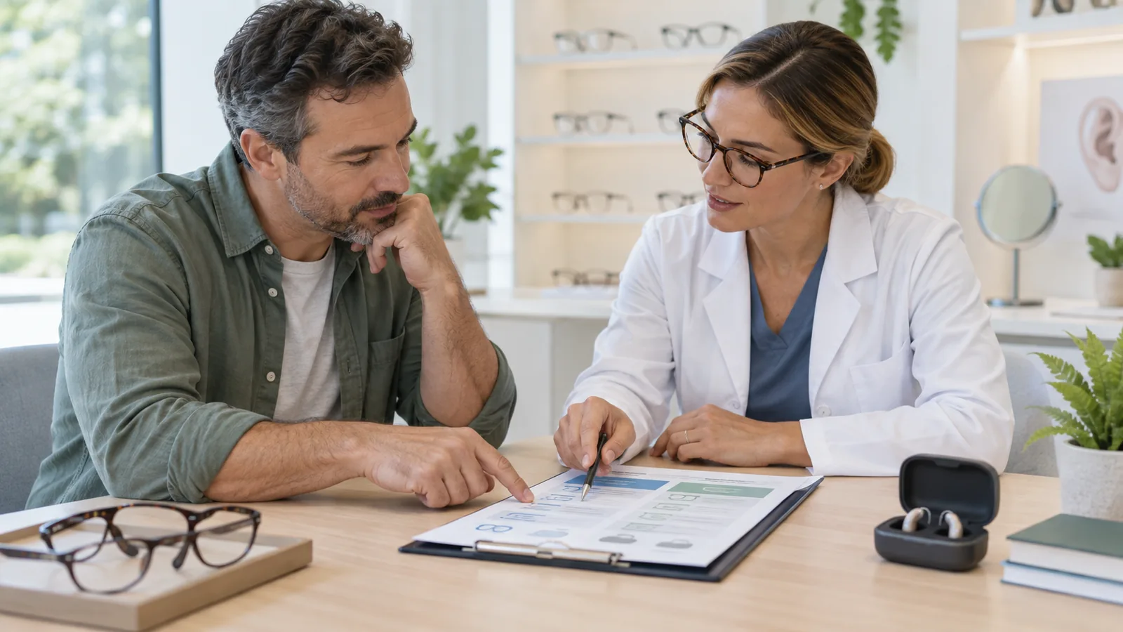 Un patient compare les options d’un devis de santé avec une professionnelle