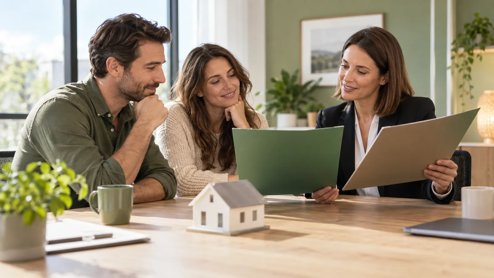 Couple comparant deux assurances emprunteur avec une conseillère