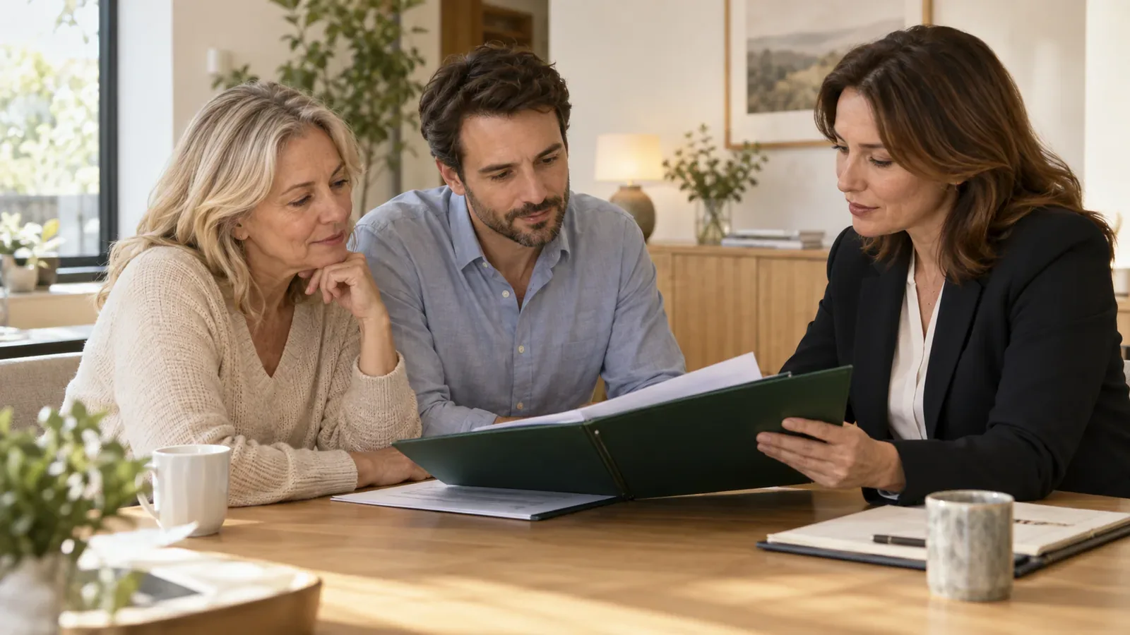 Famille relisant un dossier d’assurance vie avec une conseillère