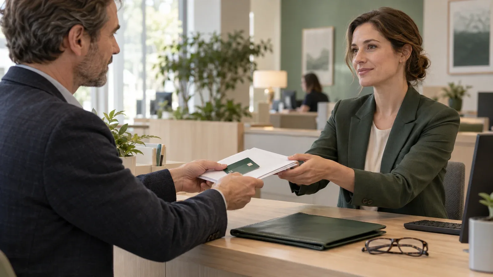 Un client remet un dossier à une conseillère dans une agence bancaire neutre