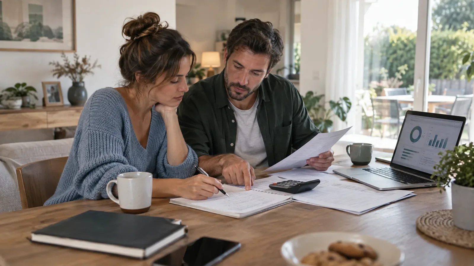 Couple vérifiant un budget, une mensualité et le coût d’un crédit