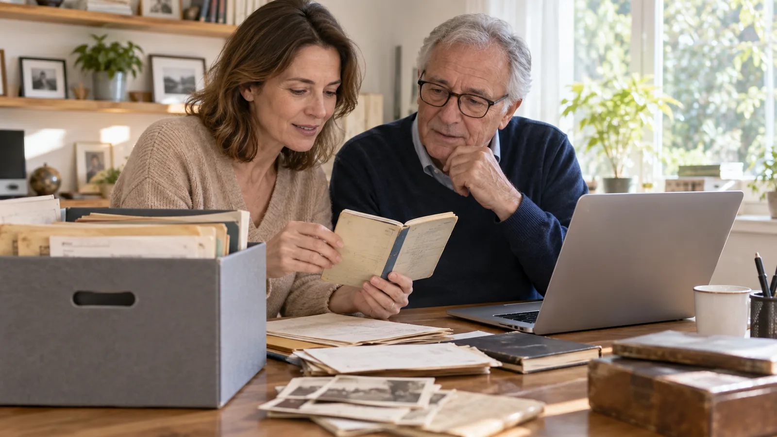 Famille recherchant un ancien compte à partir d’archives organisées