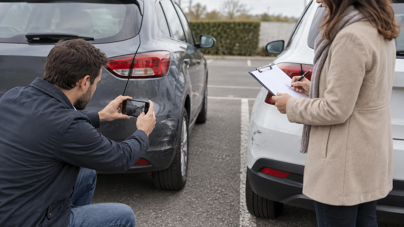 Conducteurs photographiant les dégâts et préparant un constat amiable