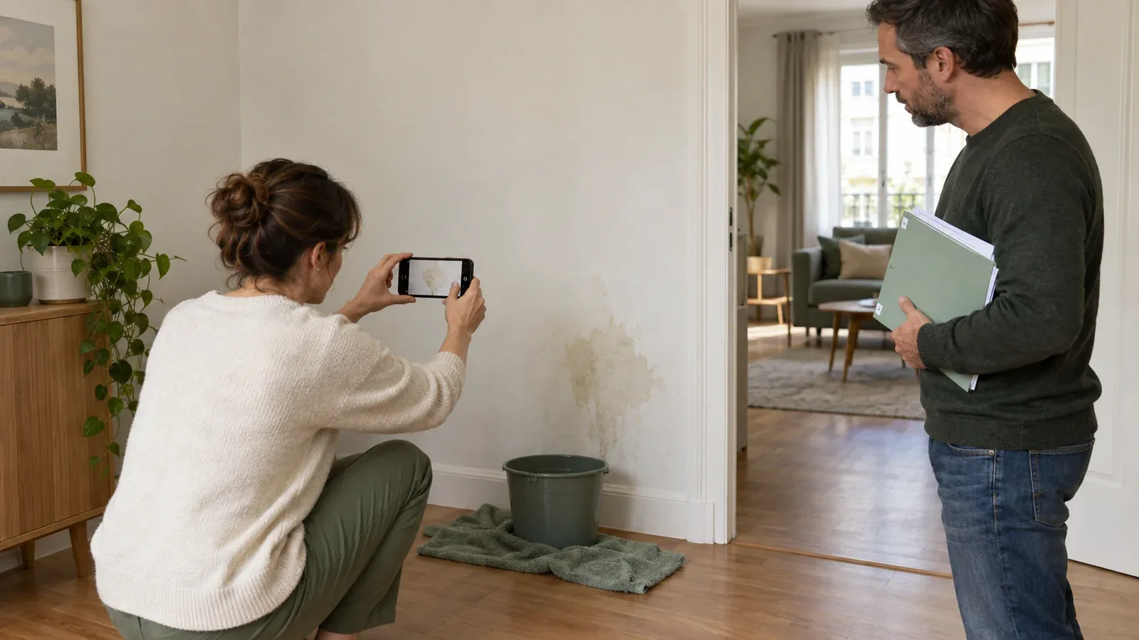 Une personne photographie une trace humide au mur avec un voisin