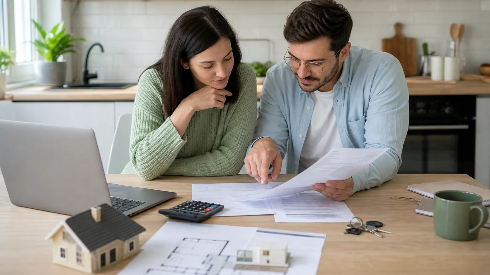 Comparaison d’un crédit immobilier avec documents, calculatrice et clés