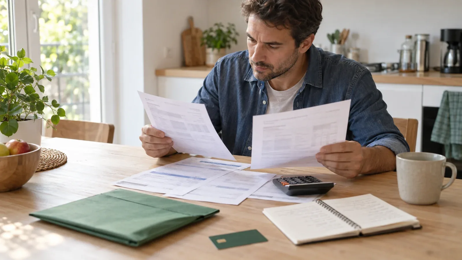 Un homme compare des relevés anonymes avec une calculatrice à une table de cuisine