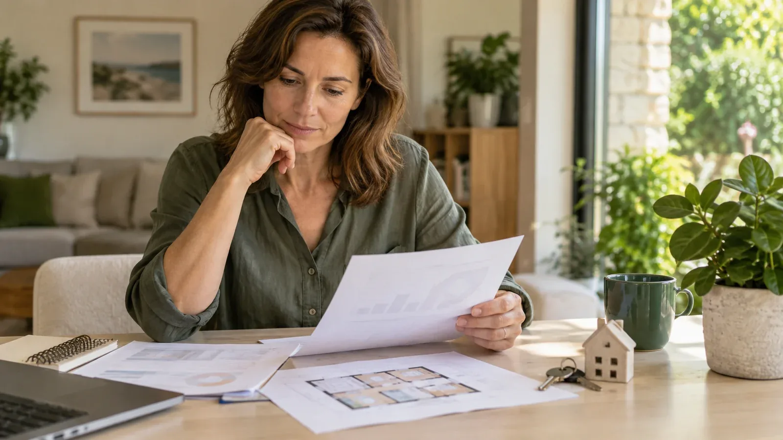 Une femme étudie un dossier financier et un plan de logement