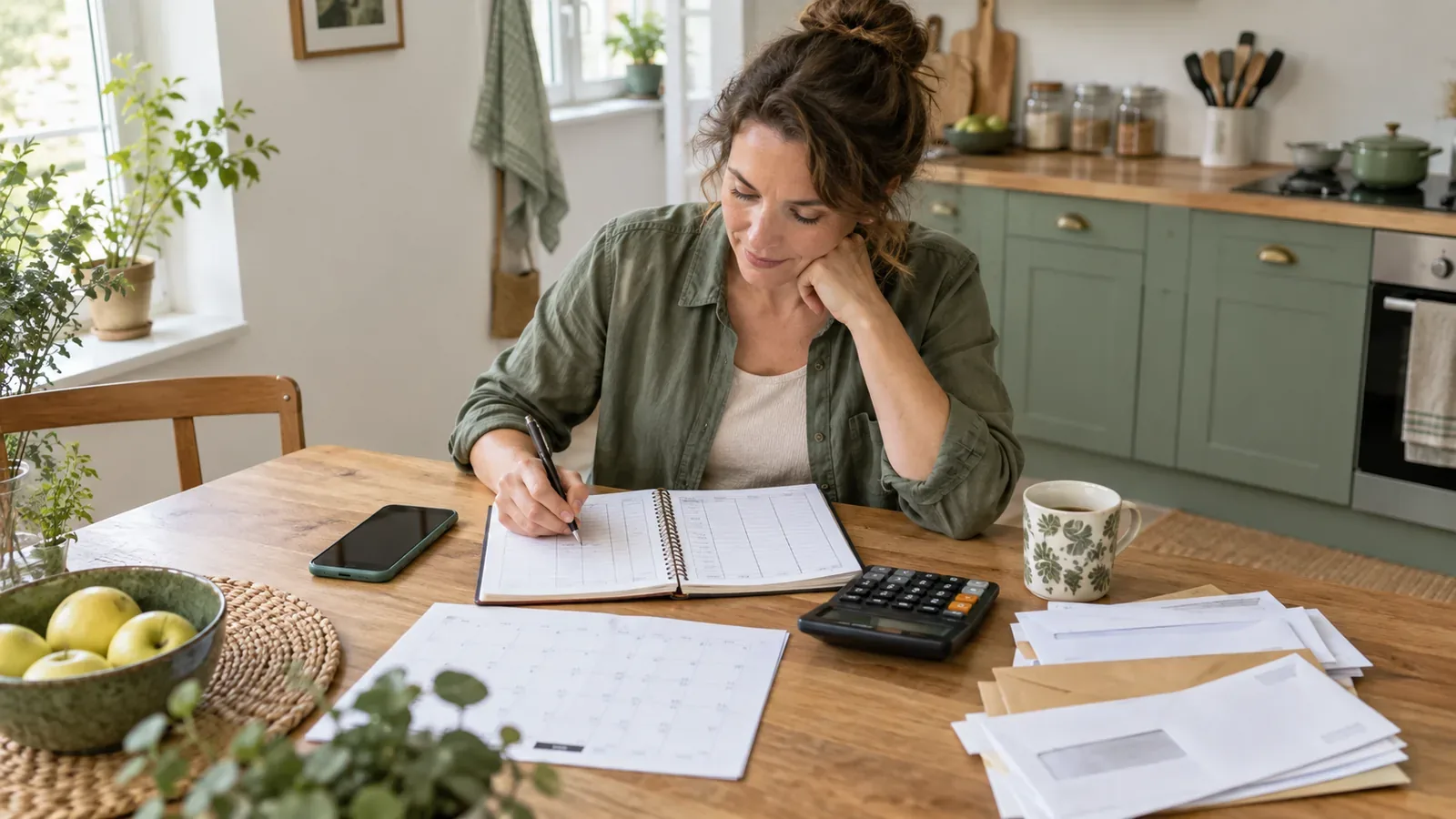 Personne préparant un calendrier de trésorerie avec un carnet et une calculatrice