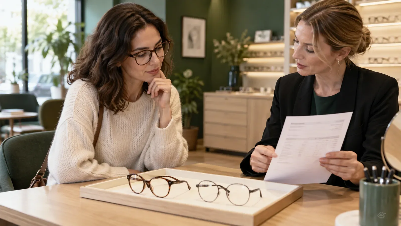 Cliente et opticienne comparant deux paires de lunettes et un devis dans une boutique