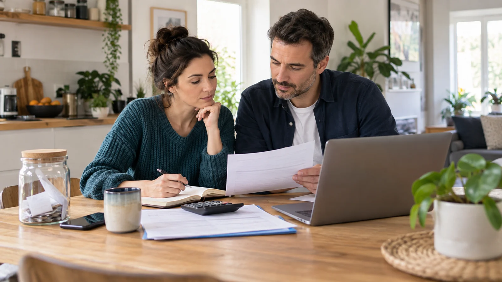 Couple organisant son budget et son épargne de précaution à partir de documents réels
