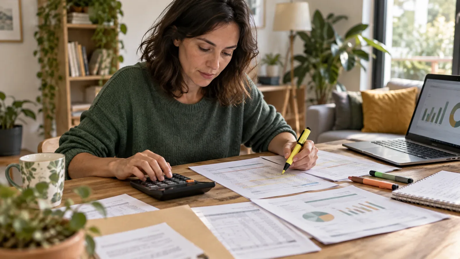 Personne calculant ses frais bancaires à partir de relevés annuels