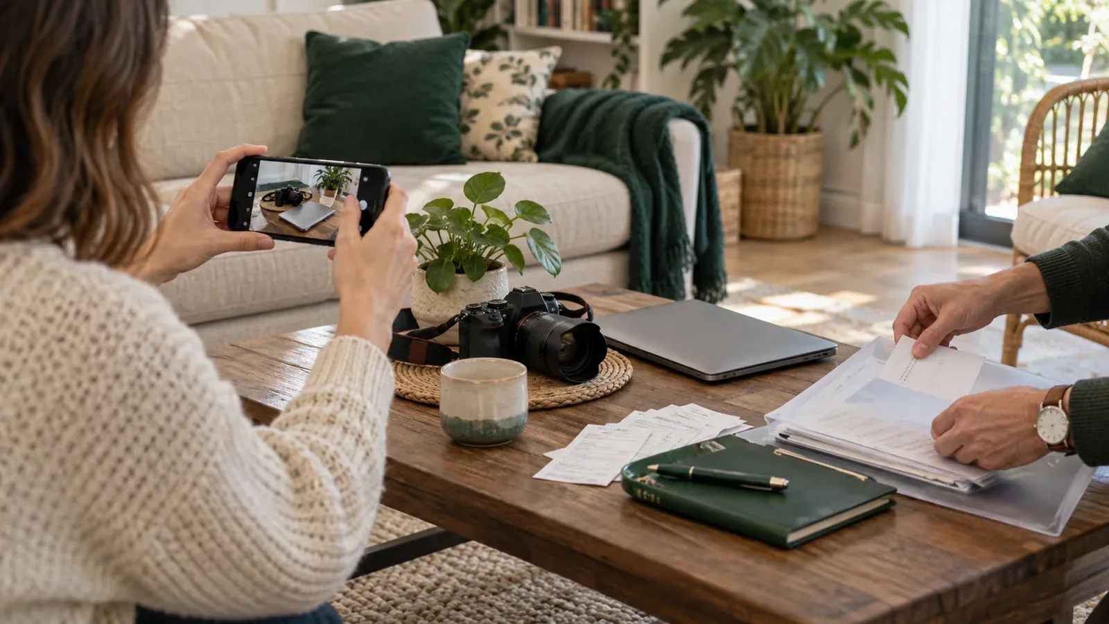 Personne photographiant des équipements du salon pour préparer un inventaire habitation