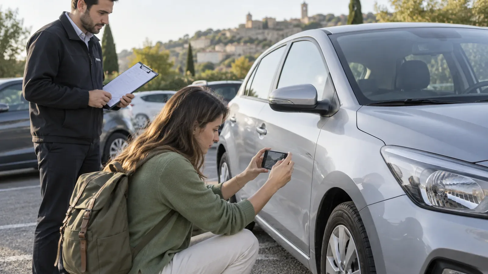 Voyageuse photographiant l’état d’une voiture de location avec un employé