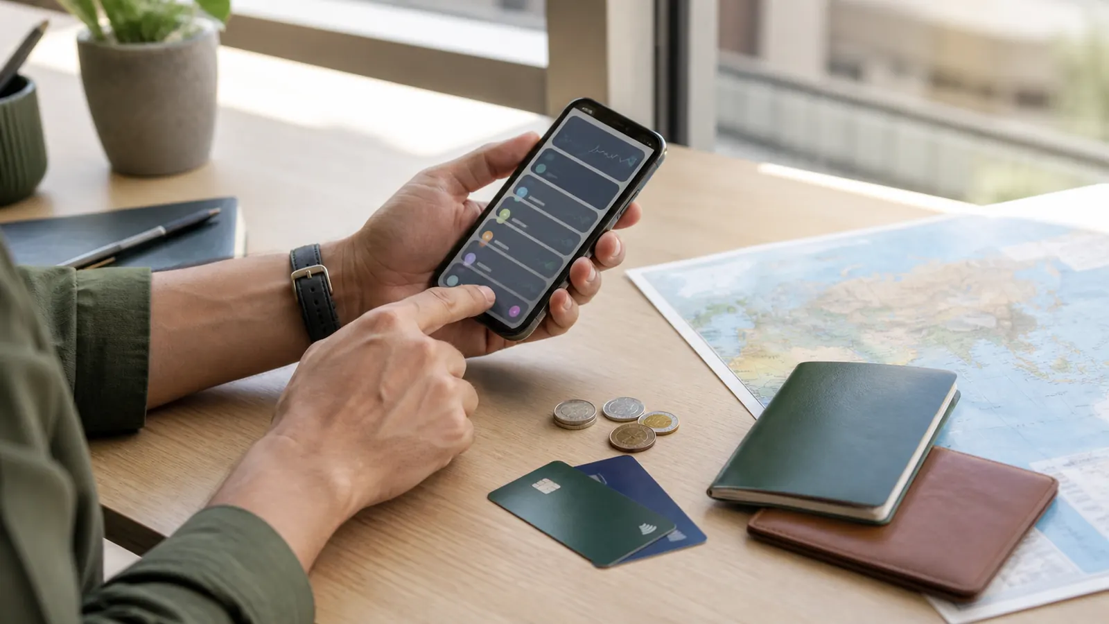 Voyageur comparant devises, frais de change et moyens de paiement