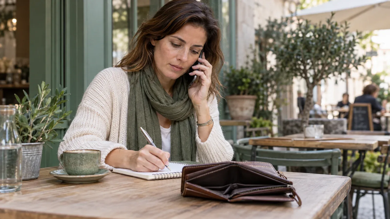 Une femme contacte sa banque avec un portefeuille ouvert sur une table de café