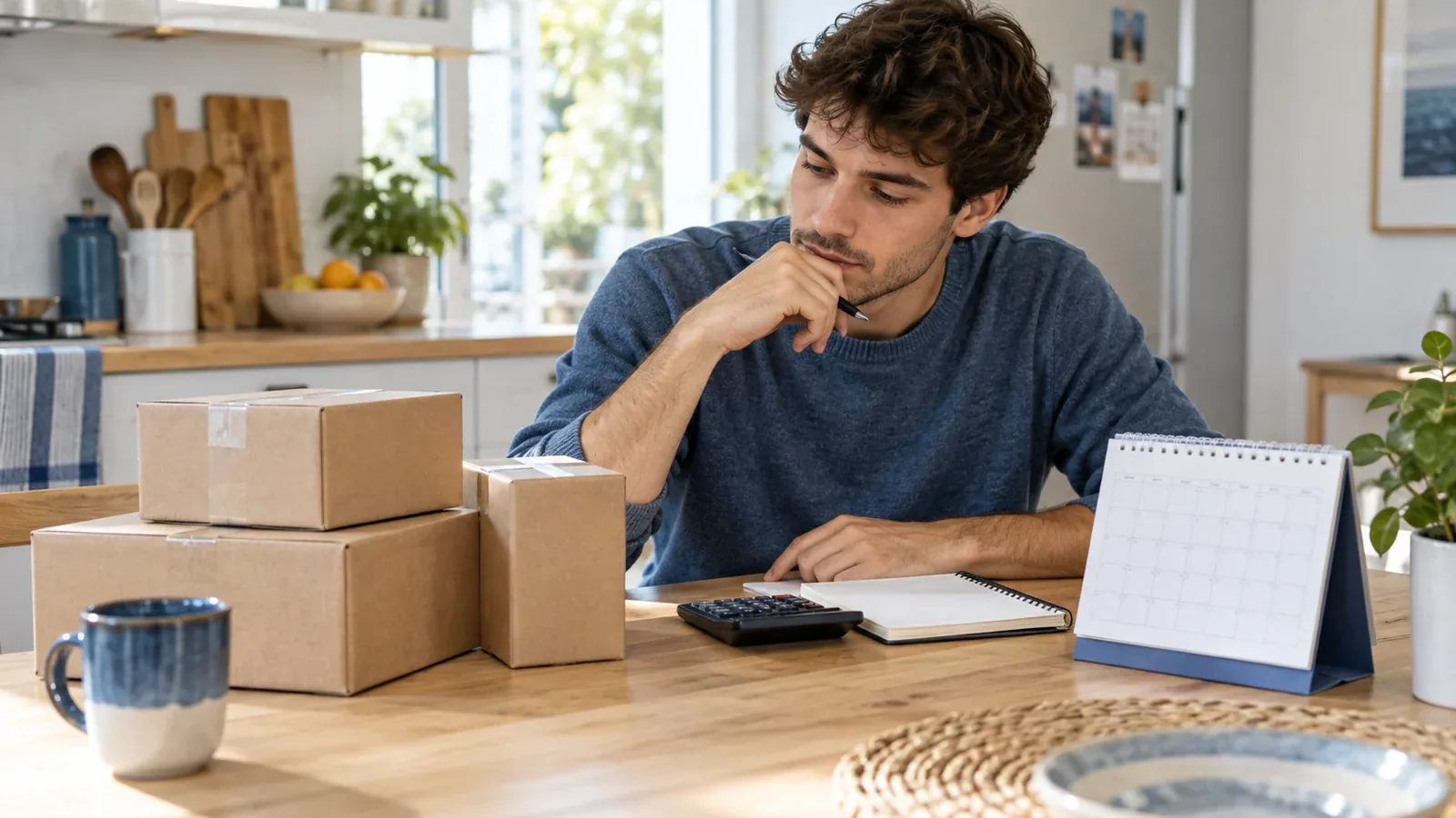 Un homme examine son calendrier de dépenses près de trois colis