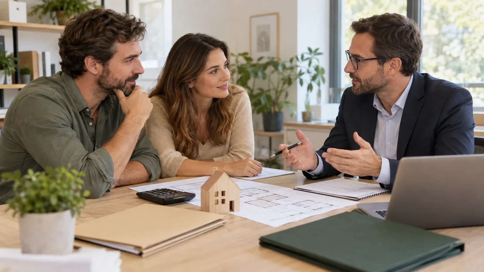 Un couple prépare un budget immobilier avec un conseiller