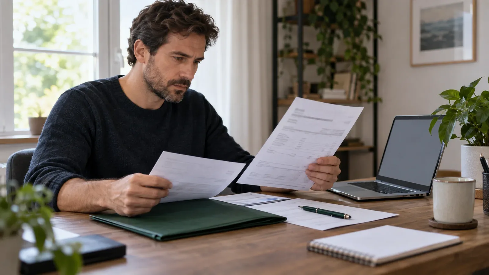 Personne comparant un relevé bancaire à une facture avant de préparer un courrier