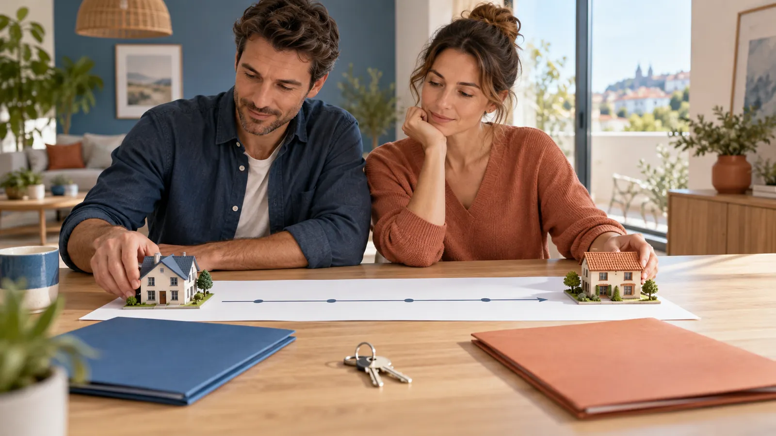 Couple préparant la transition entre la vente et l’achat de deux logements
