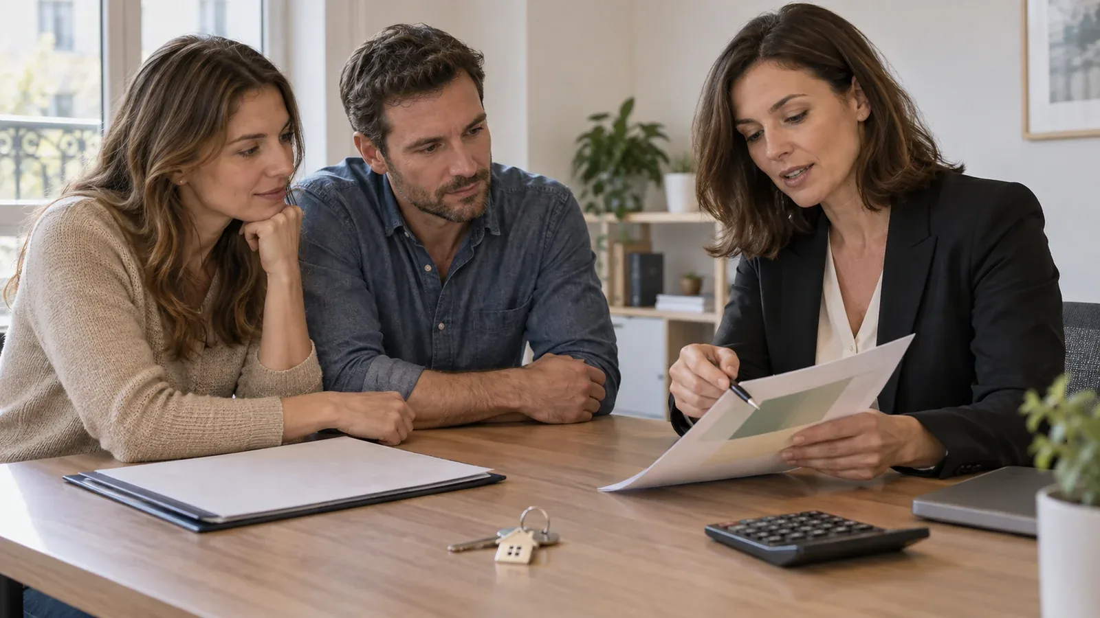 Une conseillère explique un dossier d’assurance emprunteur à un couple
