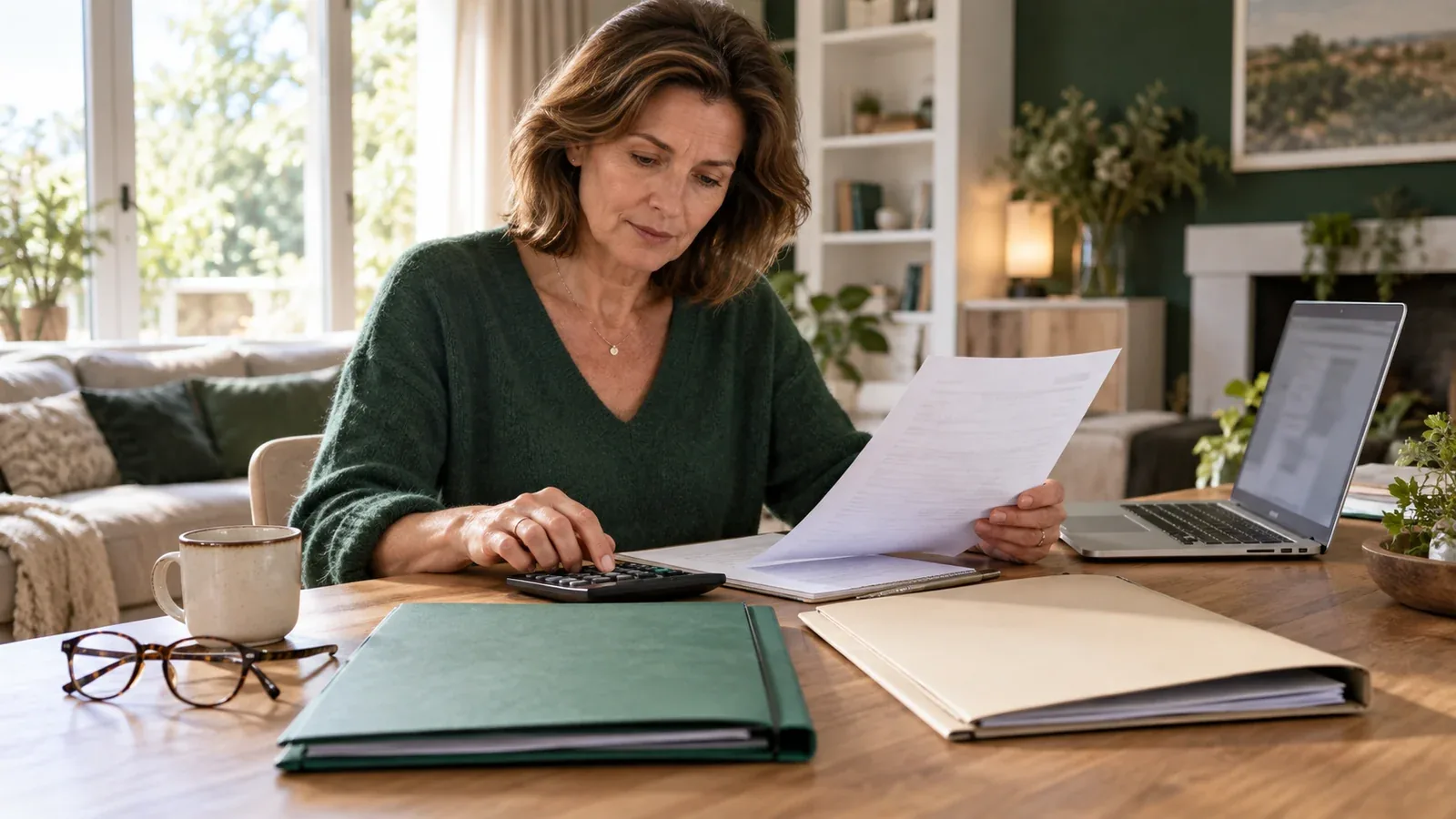 Une femme prépare un dossier d’épargne avec une calculatrice chez elle