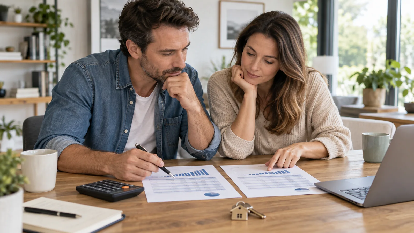 Couple comparant le coût restant d’un prêt et une proposition de renégociation