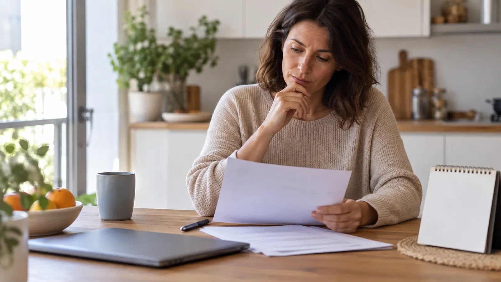 Emprunteuse relisant une offre de crédit pendant le délai de rétractation