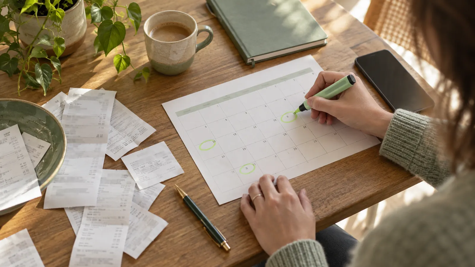 Calendrier et reçus servant à repérer des paiements récurrents