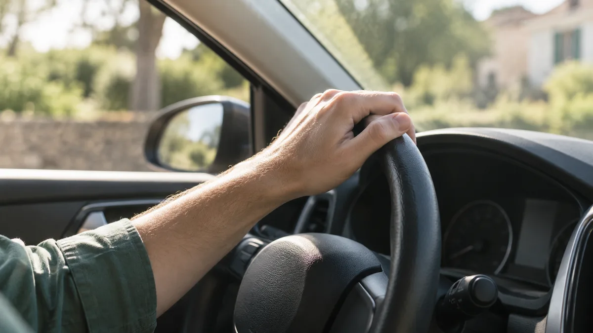 Main sur le volant d’une voiture — illustration générée par IA