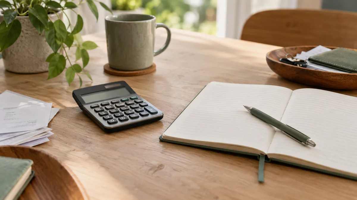 Calculatrice et carnet sur un bureau — illustration générée par IA