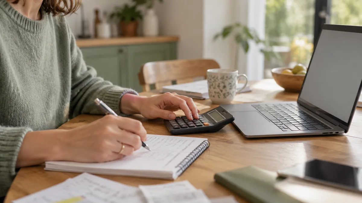 Mains utilisant une calculatrice près d’un ordinateur et d’un carnet — illustration générée par IA