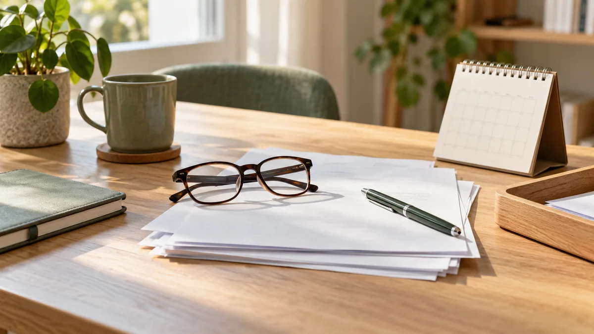 Lunettes et documents sur un bureau — illustration générée par IA
