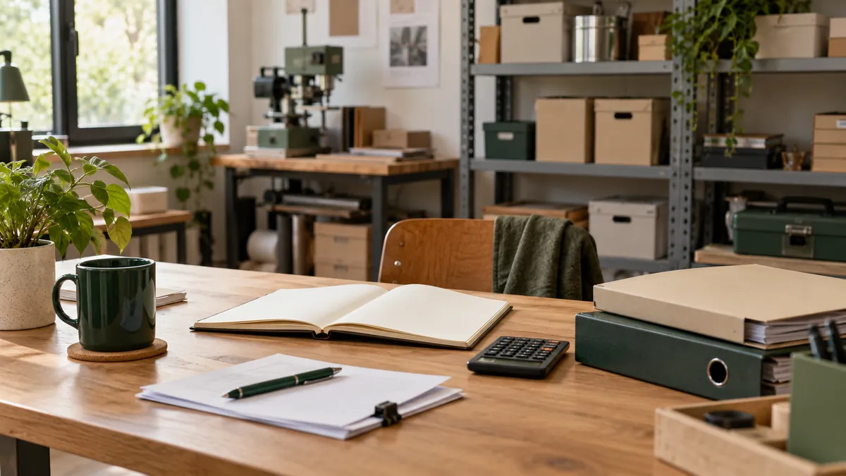 Dossier, carnet et calculatrice dans un bureau d’atelier — illustration générée par IA