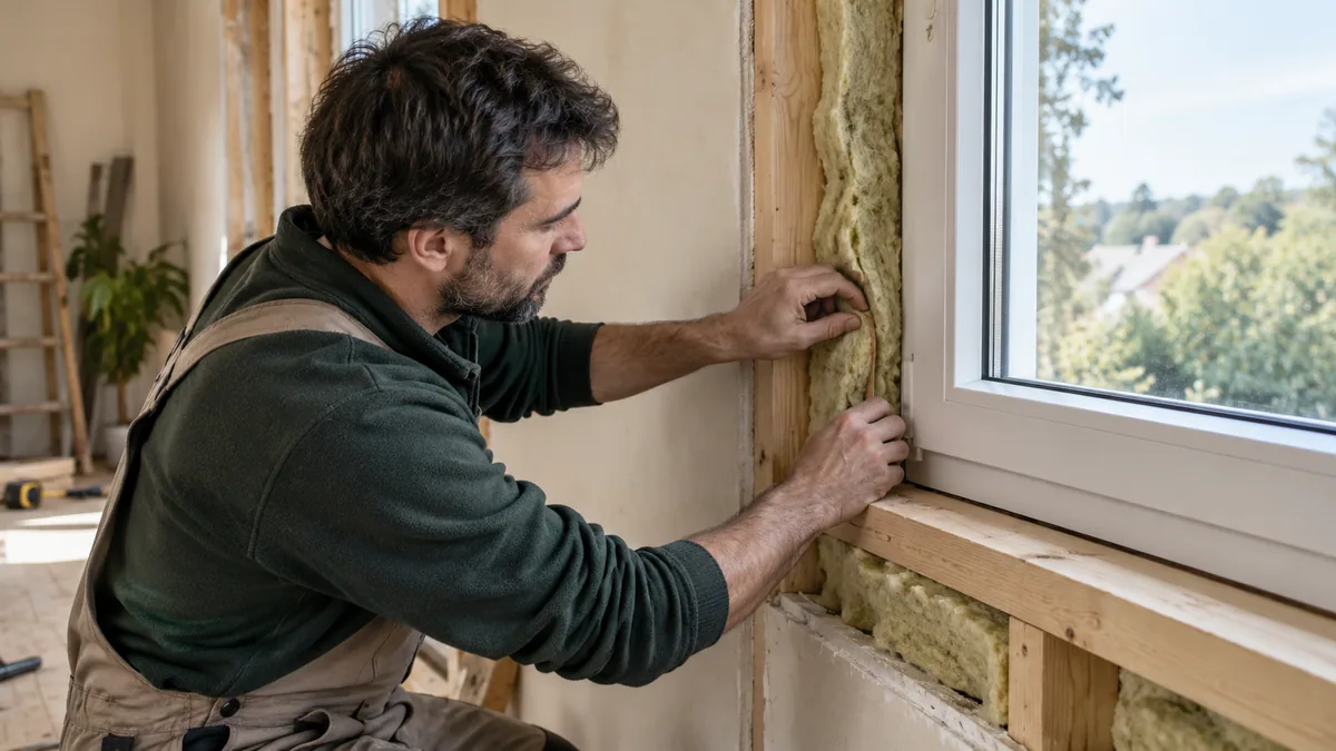 Pose d’isolation autour d’une fenêtre pendant une rénovation — illustration générée par IA